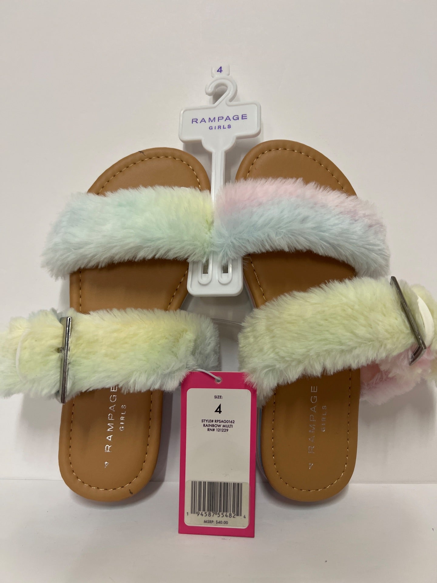 Rampage - Blue Rainbow Faux Fur Buckle-Accent Slide Sandal - Girls - Size 4 (Retail Price $40)