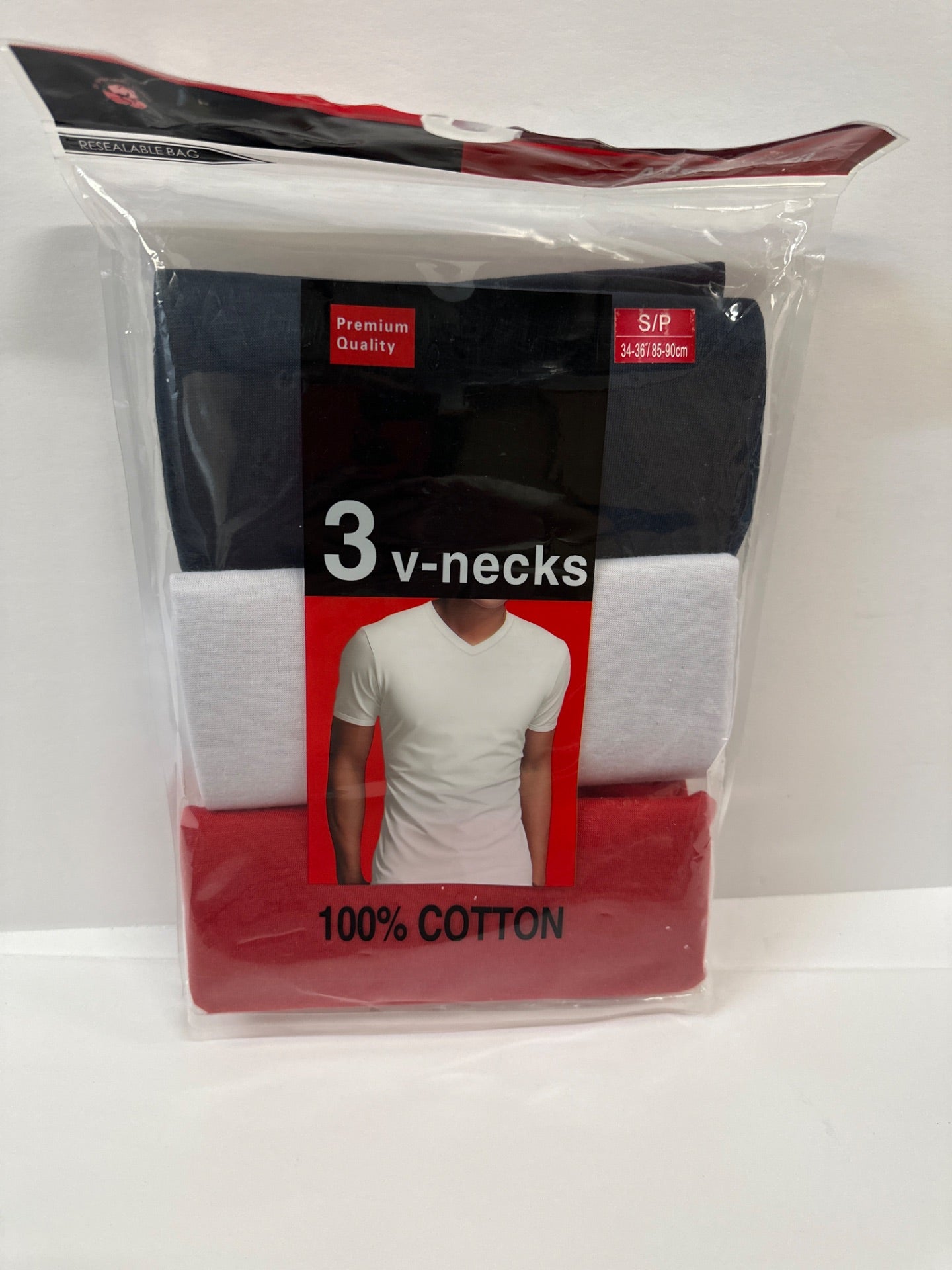 3 Pack Mens 100% Cotton Tagless Crew V-Neck T-Shirt Undershirt Tee Color: Black, White, Red - Size S (Retail Price $24.99)