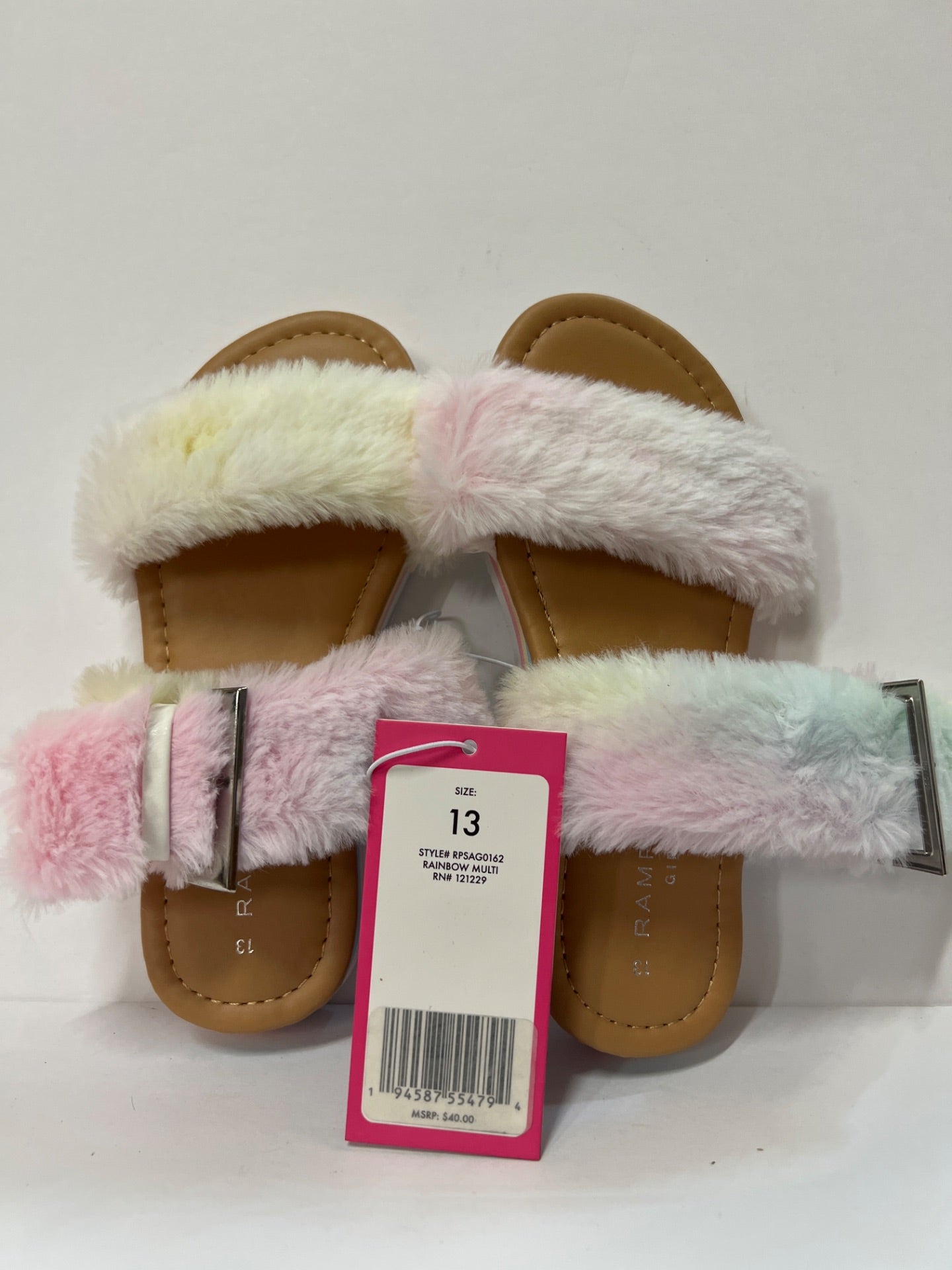 Rampage - Blue Rainbow Faux Fur Buckle-Accent Slide Sandal - Girls - Size 13 (Retail Price $40)